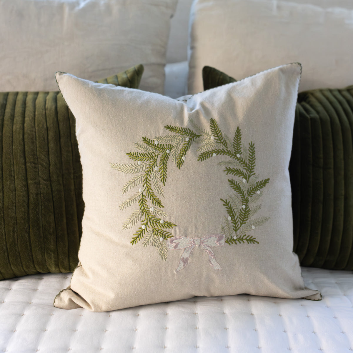 20" Embroidered Wreath Pillow