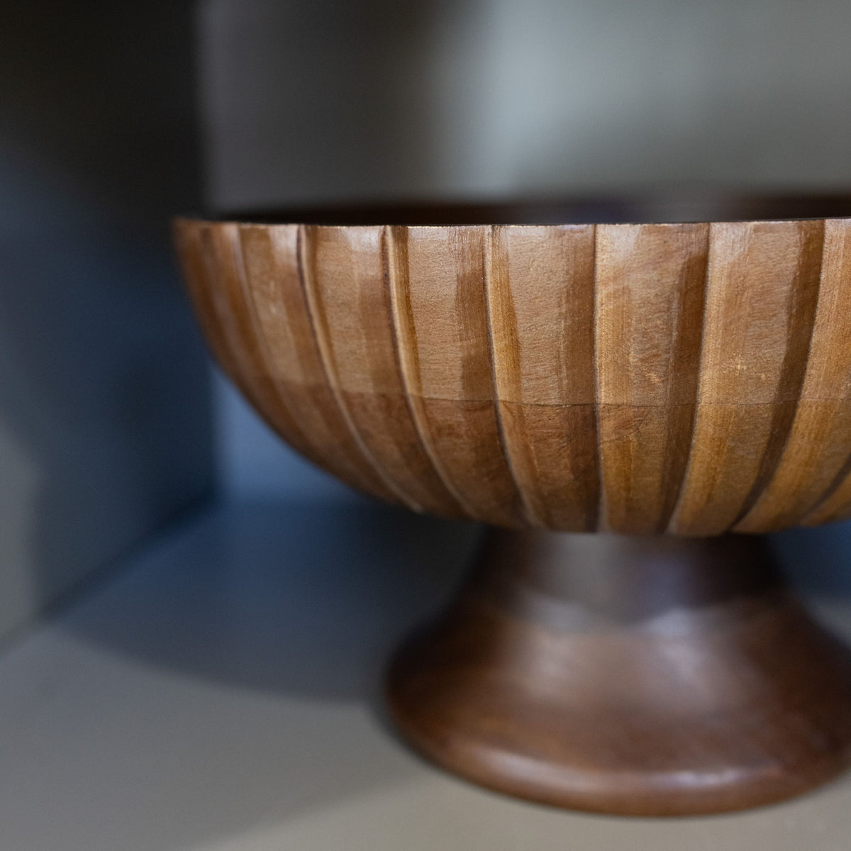 Carved Mango Wood Pedestal Bowl