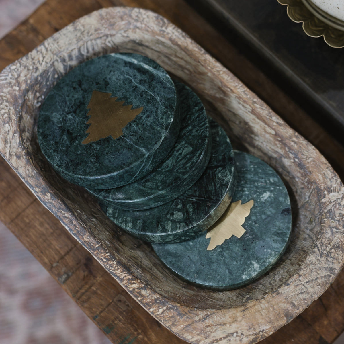 Green Marble Coasters w/ Gold Tree Inlay | Set of 4