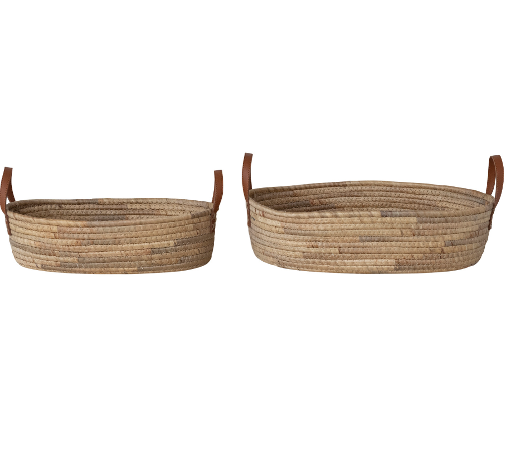 Hand-Woven Seagrass & Water Hyacinth Baskets with Faux Leather Handles